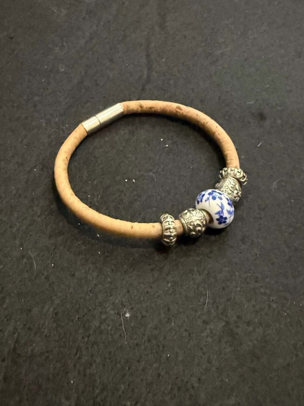 Vegan Cork Bracelet with Blue and White Ceramic Floral Bead and Magnetic Clasp